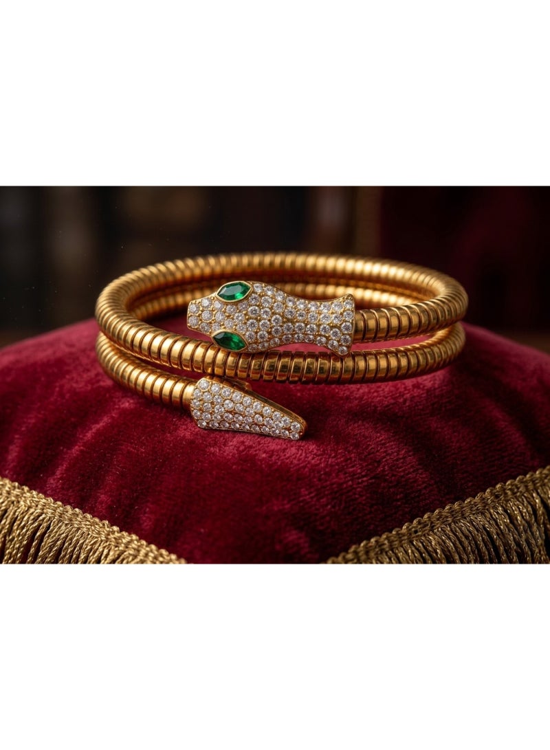 Julia Store 18K Gold Plated Stainless Steel Aesthetic Exquisite Luxury Elegant Dainty Cute Trendy High Quality Chunky Spiral Cubic Zirconia Green Eye Snake Bangle Bracelet Jewelry Gift For Women - Image 2