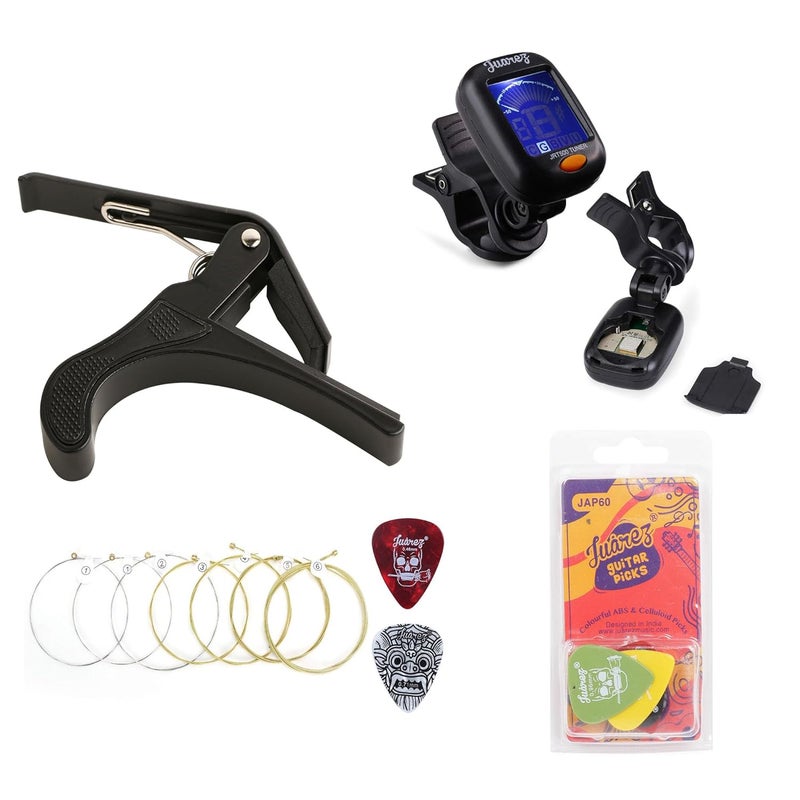 Juarez JRT500 Tuner Combo with JAGSP300 Acoustic Strings Set, JAP60 Pick Set (6 Picks), & JRZ250 Quick Change Capo – Complete Kit for Guitar & Ukulele Players - Image 1