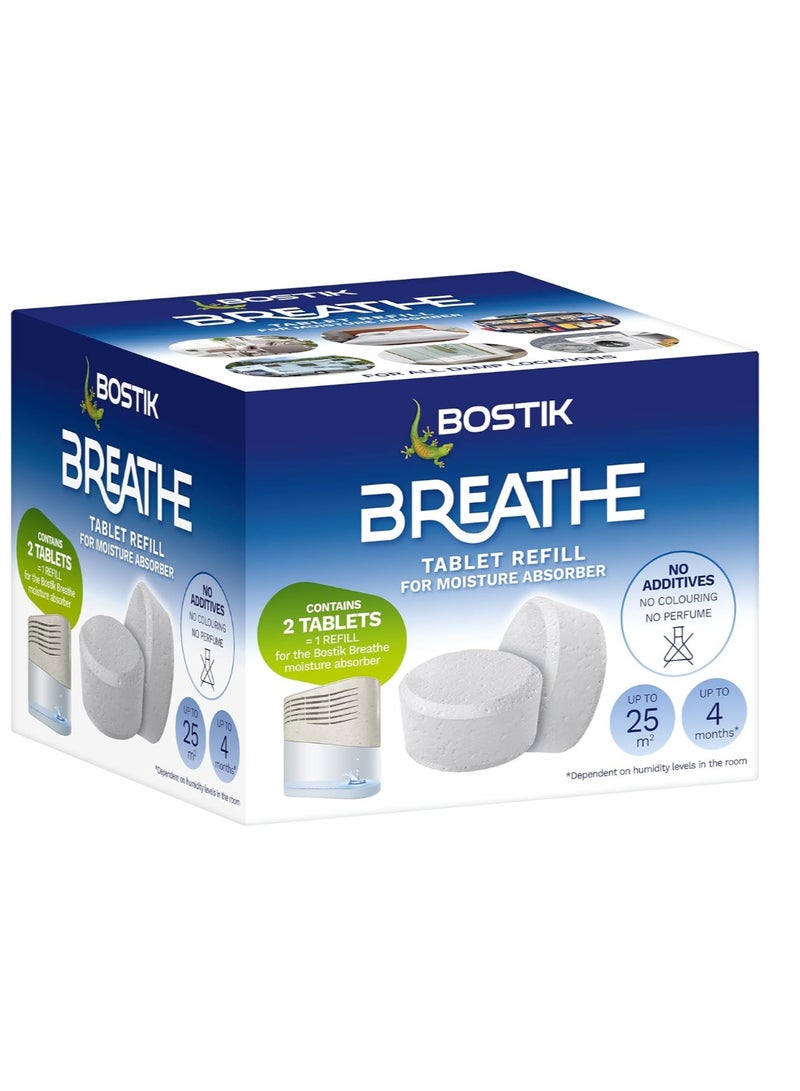 بوستيك أقراص بوستيك بريث 2 لإعادة تعبئة جهاز امتصاص الرطوبة، خالية من الصبغة والعطر للاستخدام في المنزل، الشقة والكرفان، للغرف حتى 25 مترًا مربعًا، 2 × 250 جرام أقراص لامتصاص الرطوبة، أبيض. - Image 1