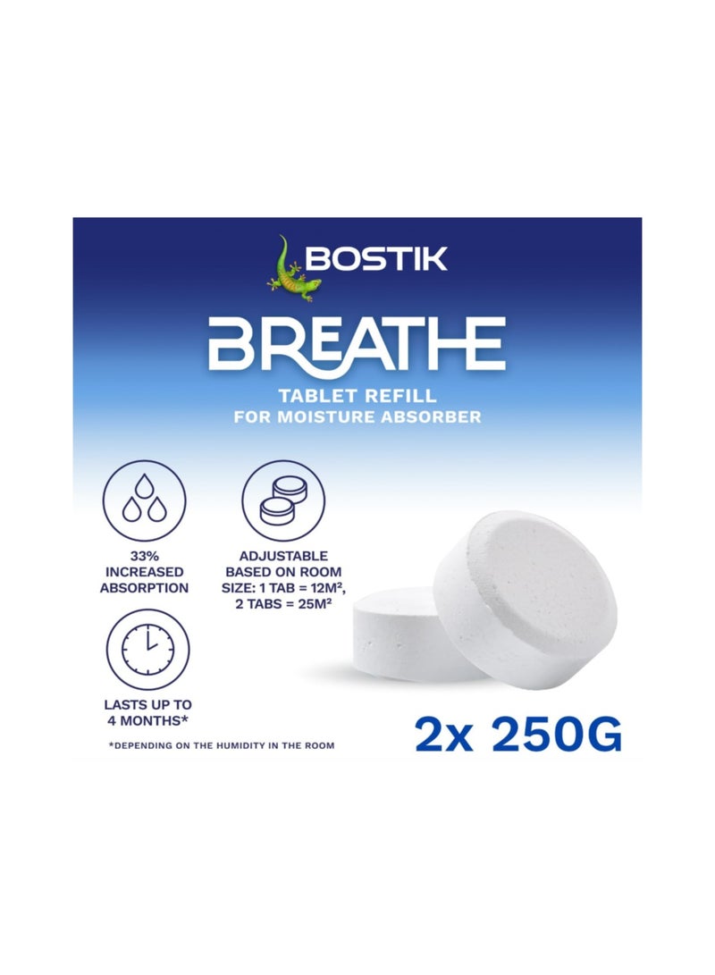بوستيك أقراص بوستيك بريث 2 لإعادة تعبئة جهاز امتصاص الرطوبة، خالية من الصبغة والعطر للاستخدام في المنزل، الشقة والكرفان، للغرف حتى 25 مترًا مربعًا، 2 × 250 جرام أقراص لامتصاص الرطوبة، أبيض. - Image 2