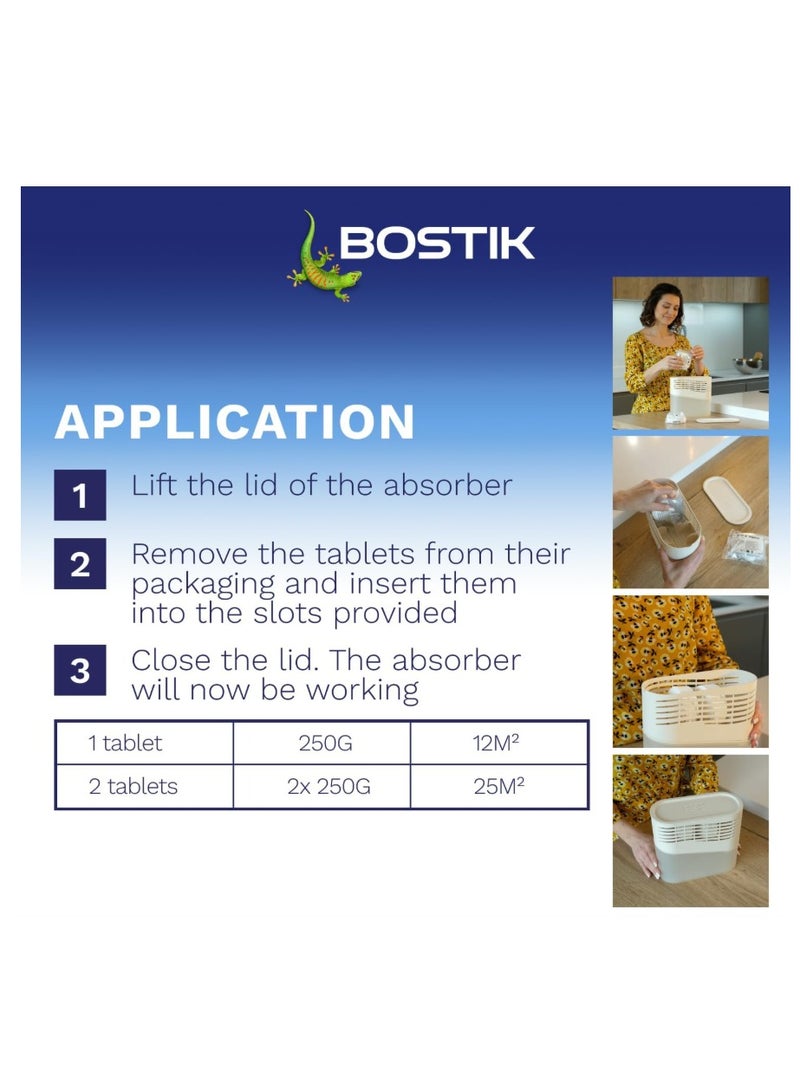 بوستيك أقراص بوستيك بريث 2 لإعادة تعبئة جهاز امتصاص الرطوبة، خالية من الصبغة والعطر للاستخدام في المنزل، الشقة والكرفان، للغرف حتى 25 مترًا مربعًا، 2 × 250 جرام أقراص لامتصاص الرطوبة، أبيض. - Image 4