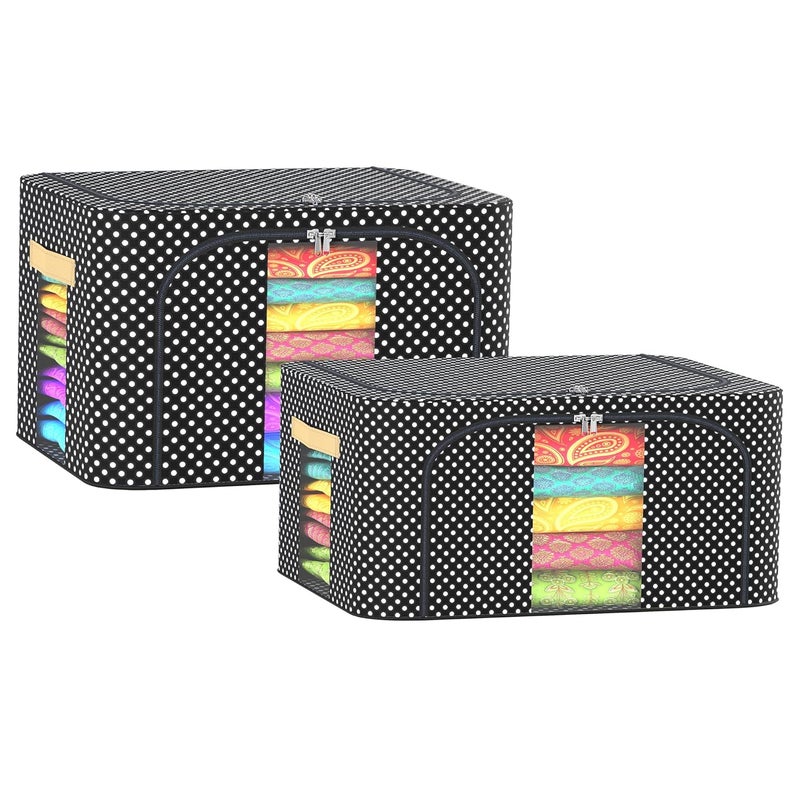 Kuber Industries Pack of 2 Clothes Storage Box 24 Ltr Small and 66 Ltr Large Waterproof Underbed Storage Box Wardrobe Organizer Parachute Steel Frame Drawer Organizer Dot Print Black - Image 1