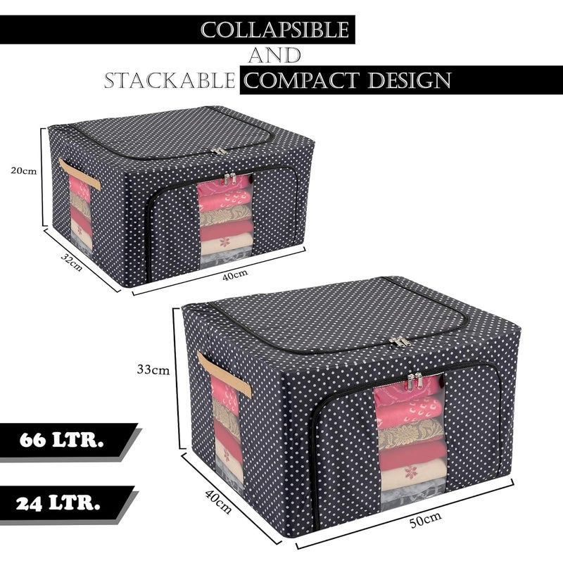 Kuber Industries Pack of 2 Clothes Storage Box 24 Ltr Small and 66 Ltr Large Waterproof Underbed Storage Box Wardrobe Organizer Parachute Steel Frame Drawer Organizer Dot Print Black - Image 3