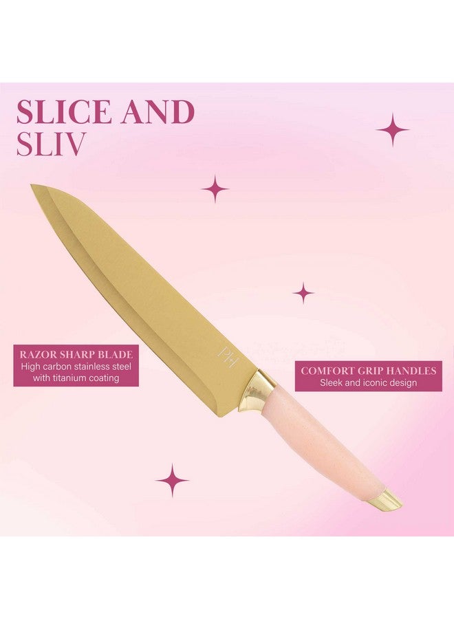 باريس هيلتون مجموعة ألواح تقطيع وأدوات مائدة من الخيزران قابلة للعكس من باريس هيلتون مع سكاكين من الفولاذ المقاوم للصدأ عالي الكربون، وواقيات شفرات، ومقابض أنيقة ومريحة، مجموعة من 7 قطع باللون الذهبي والوردي - Image 4