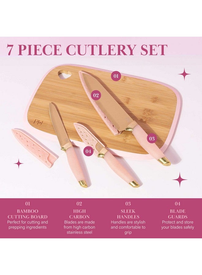 باريس هيلتون مجموعة ألواح تقطيع وأدوات مائدة من الخيزران قابلة للعكس من باريس هيلتون مع سكاكين من الفولاذ المقاوم للصدأ عالي الكربون، وواقيات شفرات، ومقابض أنيقة ومريحة، مجموعة من 7 قطع باللون الذهبي والوردي - Image 2