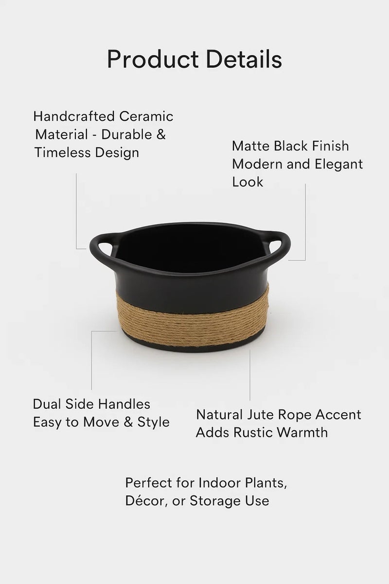 ماريا هومز وعاء سلة سيراميك أسود – وعاء زخرفي حديث بتصميم حبال لديكور المنزل - Image 3