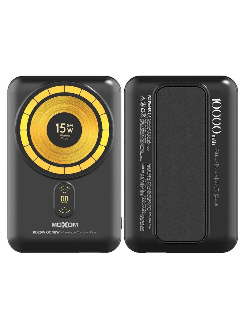 MOXOM MX-PB113 Tyepc-C and USB Port 10,000mAh Power Bank – PD 20W, SCP 22.5W, 15W Wireless Output, Compact and Portable with LED Indicator and Folding Holder - Image 1
