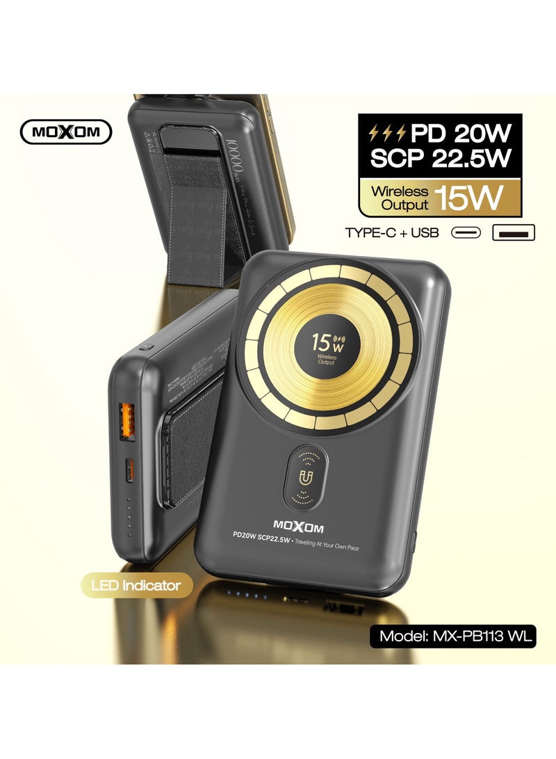 MOXOM MX-PB113 Tyepc-C and USB Port 10,000mAh Power Bank – PD 20W, SCP 22.5W, 15W Wireless Output, Compact and Portable with LED Indicator and Folding Holder - Image 2