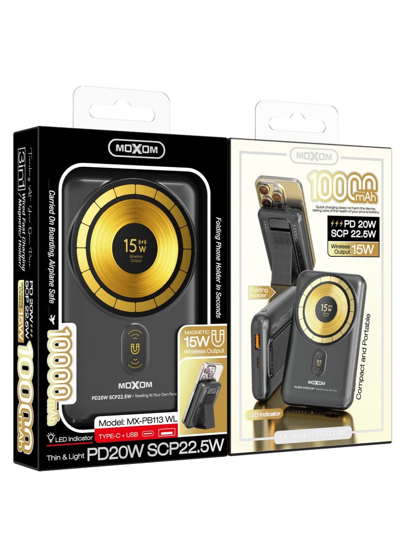 MOXOM MX-PB113 Tyepc-C and USB Port 10,000mAh Power Bank – PD 20W, SCP 22.5W, 15W Wireless Output, Compact and Portable with LED Indicator and Folding Holder - Image 3