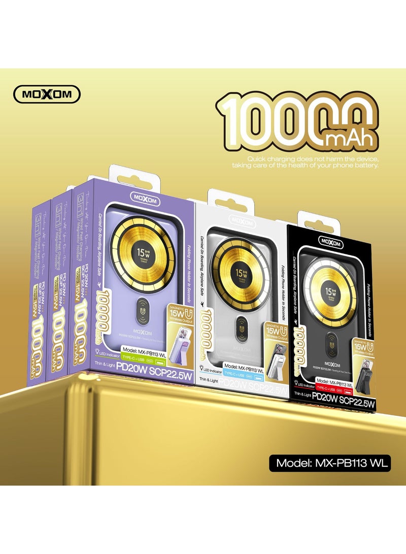 MOXOM MX-PB113 Tyepc-C and USB Port 10,000mAh Power Bank – PD 20W, SCP 22.5W, 15W Wireless Output, Compact and Portable with LED Indicator and Folding Holder - Image 4