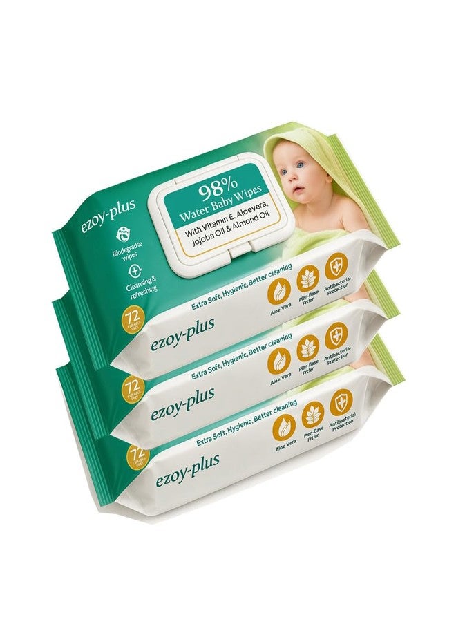 Ezoyplus Ezoy-plus Baby Wipes, 216 Count, 98% Water-Based with Vitamin E, Aloe Vera and Natural Oils, Pack of 3 - Image 1