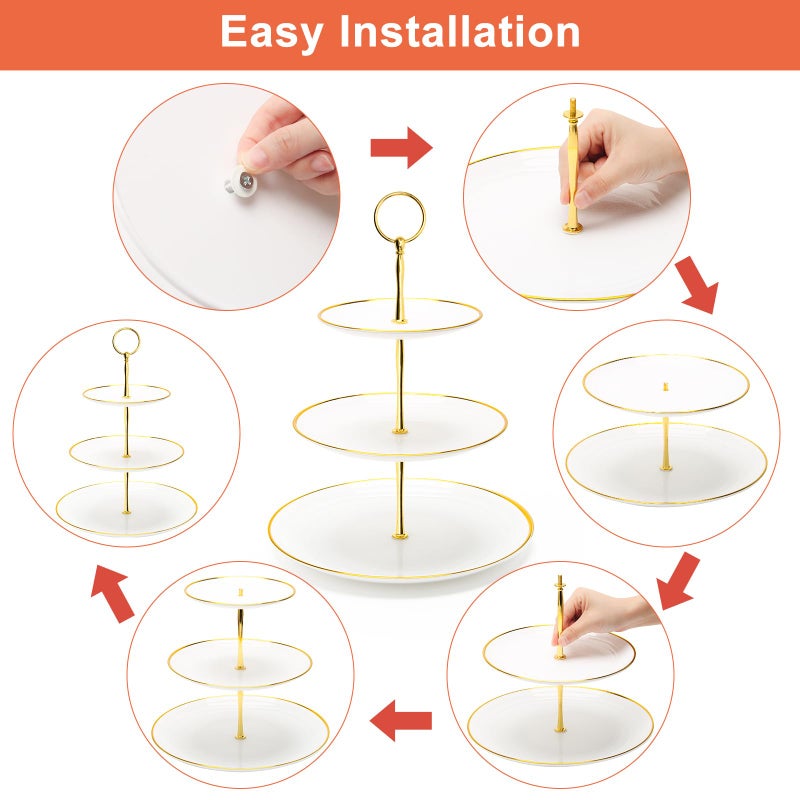 Coitak 3 Tier Cupcake Stand, Plastic Tiered Serving Stand, Dessert Tower Tray for Tea Party, Birthday and Wedding (Round-gold edge) - Image 5