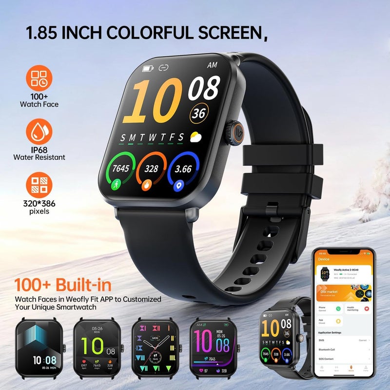 Weofly Active2 Smart Watch with 1.85" HD Touch Screen - Fitness Tracker for Men and Women with 100+ Sport Modes, Heart Rate, Blood Oxygen, Sleep Monitor, IP68 Waterproof (Black) - Image 2