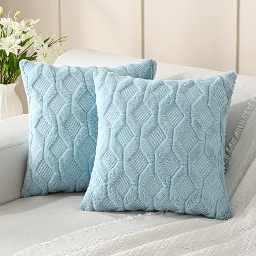 Volcanics Pack of 2 Faux Wool Throw Pillow Covers 20x20 Inches Decorative Farmhouse Velvet Couch Pillow Case Soft Plush Square Boho Cushion Pillowcase Misty Blue - Image 1