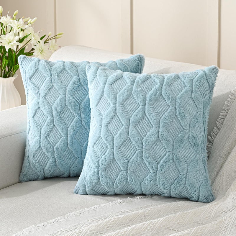 Volcanics Pack of 2 Faux Wool Throw Pillow Covers 20x20 Inches Decorative Farmhouse Velvet Couch Pillow Case Soft Plush Square Boho Cushion Pillowcase Misty Blue - Image 2