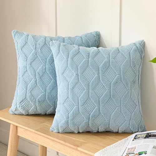 Volcanics Pack of 2 Faux Wool Throw Pillow Covers 20x20 Inches Decorative Farmhouse Velvet Couch Pillow Case Soft Plush Square Boho Cushion Pillowcase Misty Blue - Image 3