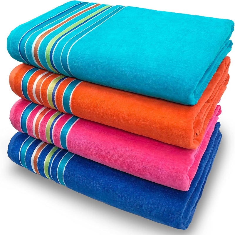 Softerry Large Beach Towel Extra Soft 36 x 70 inch Hotel Pool Resort and SPA Style 100 Cotton Solid Colors with Striped Border PinkOrangeTurquoiseCobalt 4 Pack - Image 1