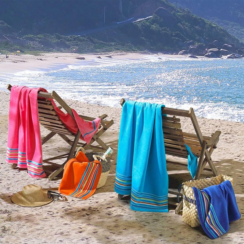 Softerry Large Beach Towel Extra Soft 36 x 70 inch Hotel Pool Resort and SPA Style 100 Cotton Solid Colors with Striped Border PinkOrangeTurquoiseCobalt 4 Pack - Image 5