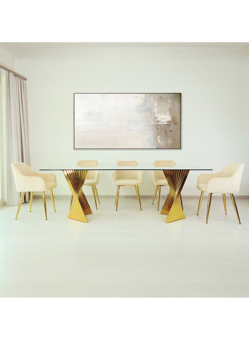 Gold Large Dining Table Set 8 seater with Chairs, Tempered Glass Top Dinner Breakfast Table + 8 Leon Cream Velvet Chairs with Stainless Steel Legs for Dining Room (8 Leon Chairs + 1 Dining Table)