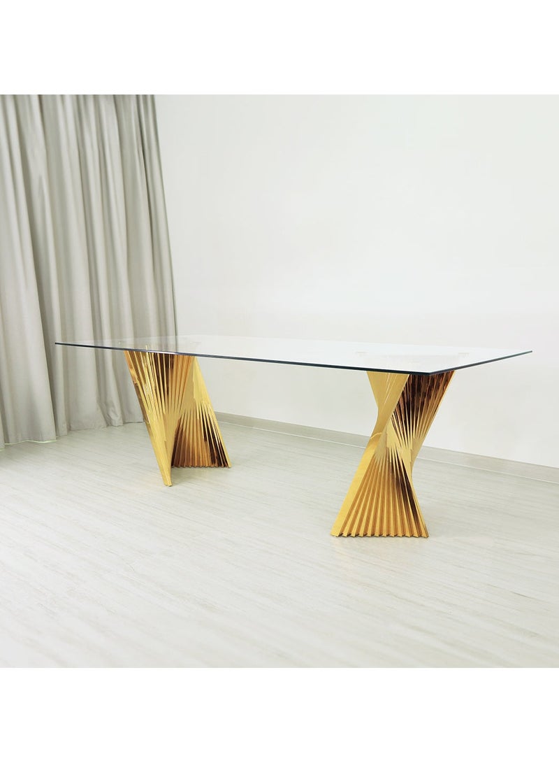 Gold Large Dining Table Set 8 seater with Chairs, Tempered Glass Top Dinner Breakfast Table + 8 Leon Cream Velvet Chairs with Stainless Steel Legs for Dining Room (8 Leon Chairs + 1 Dining Table)