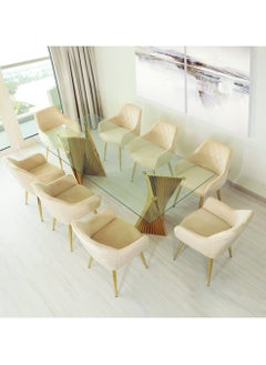 VANITY LIVING VANITY LIVING Gold Large Dining Table Set 8 seater with Chairs, Tempered Glass Top Dinner Breakfast Table + 8 Leon Cream Velvet Chairs with Stainless Steel Legs for Dining Room (8 Leon Chairs + 1 Dining Table)  - Image 1