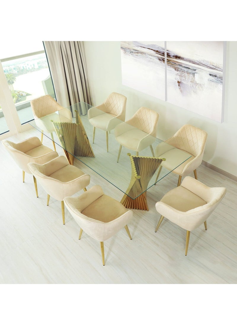 VANITY LIVING VANITY LIVING Gold Large Dining Table Set 8 seater with Chairs, Tempered Glass Top Dinner Breakfast Table + 8 Leon Cream Velvet Chairs with Stainless Steel Legs for Dining Room (8 Leon Chairs + 1 Dining Table)  - Image 1