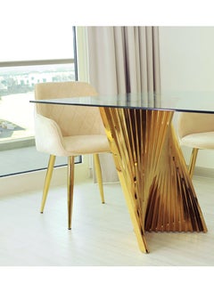 VANITY LIVING VANITY LIVING Gold Large Dining Table Set 8 seater with Chairs, Tempered Glass Top Dinner Breakfast Table + 8 Leon Cream Velvet Chairs with Stainless Steel Legs for Dining Room (8 Leon Chairs + 1 Dining Table)  - Image 5