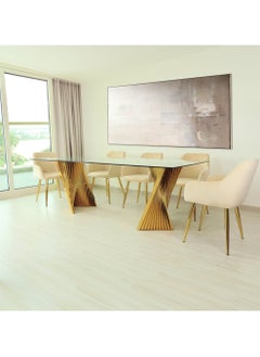 VANITY LIVING VANITY LIVING Gold Large Dining Table Set 8 seater with Chairs, Tempered Glass Top Dinner Breakfast Table + 8 Leon Cream Velvet Chairs with Stainless Steel Legs for Dining Room (8 Leon Chairs + 1 Dining Table)  - Image 4