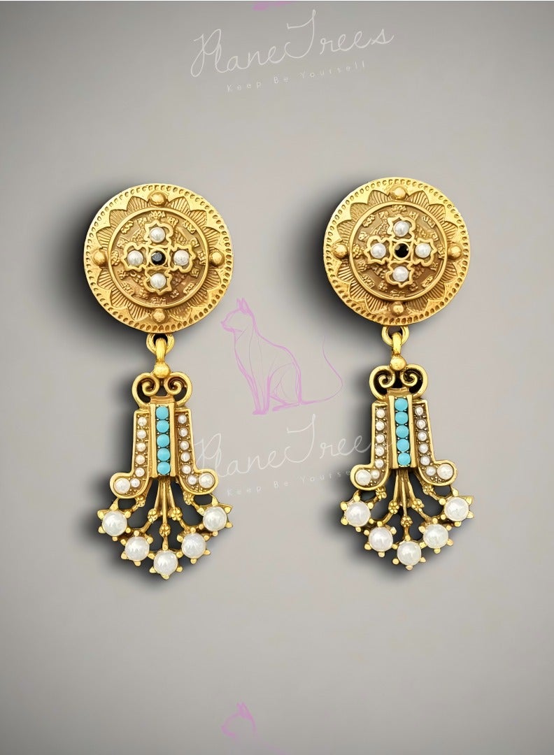 Plane Trees vintage jewelry Western heavy industry, round tassel pendant earrings, French vintage Pearl antiques - Image 1