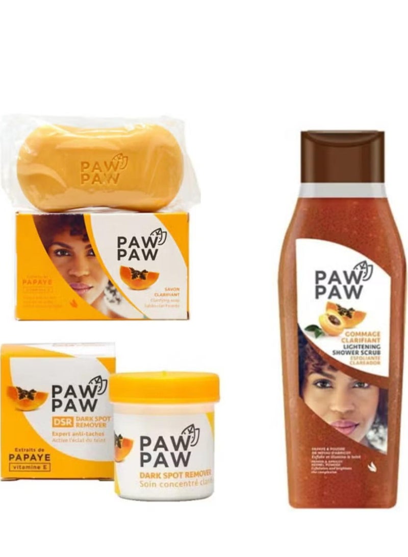 باو باو مجموعة الجسم المنقية لتصحيح البقع الداكنة مع فيتامين E والبابايا الإضافية 25 مل + جل الاستحمام مقشر البابايا ومسحوق نواة المشمش 500 مل + صابون 180 جم