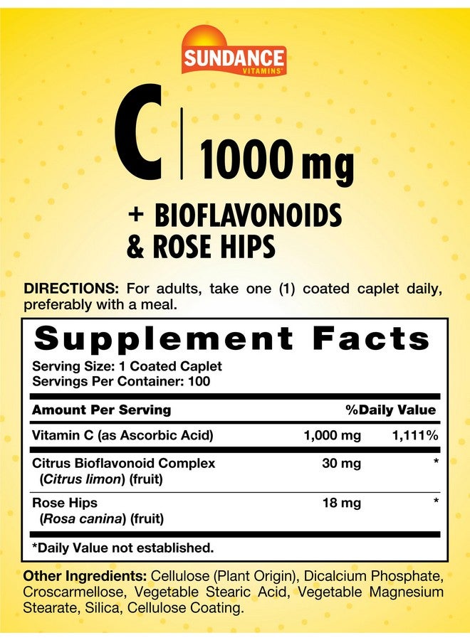 Sundance Vitamin C 1000mg with Bioflavonoids & Rose Hips | 100 Coated Caplets | Vegetarian, Non-GMO and Gluten Free Supplement - Image 2