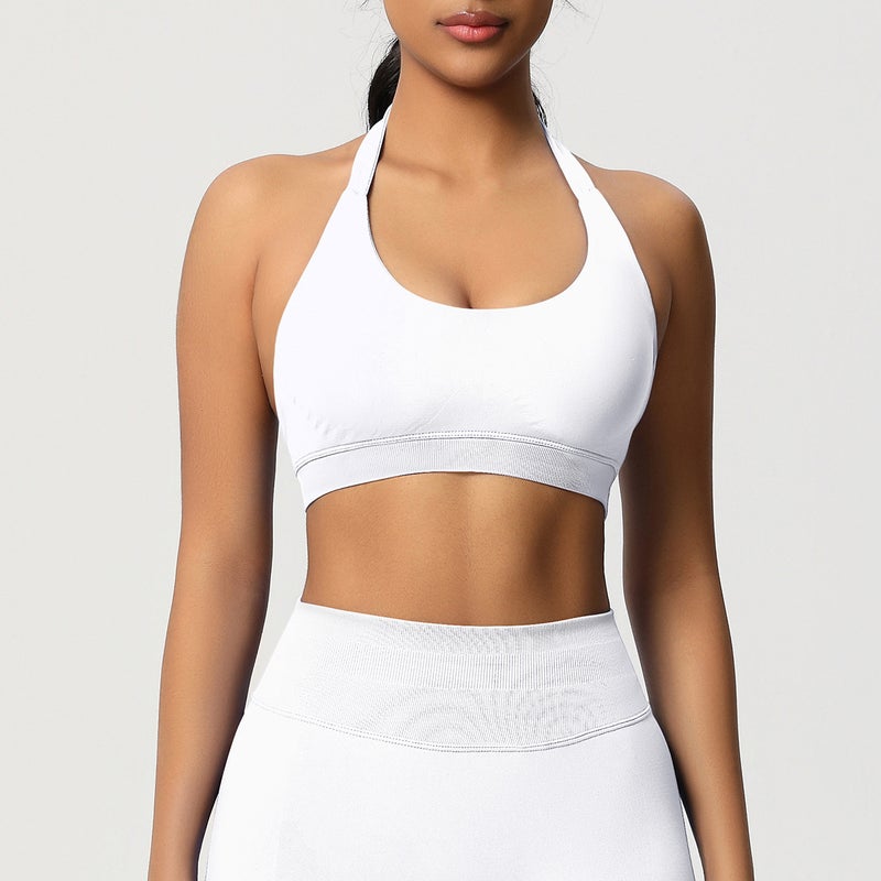 Solid Seamless High-Back Tight-Fit Stretchy Halter Sports Bra for Running, Fitness & Yoga
