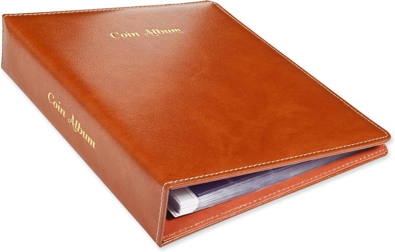 FIS Coin Album - Bonded Leather, 250x270mm, 4[D] Ring Binder with 35 Clear PVC Pockets, Brown - Image 1