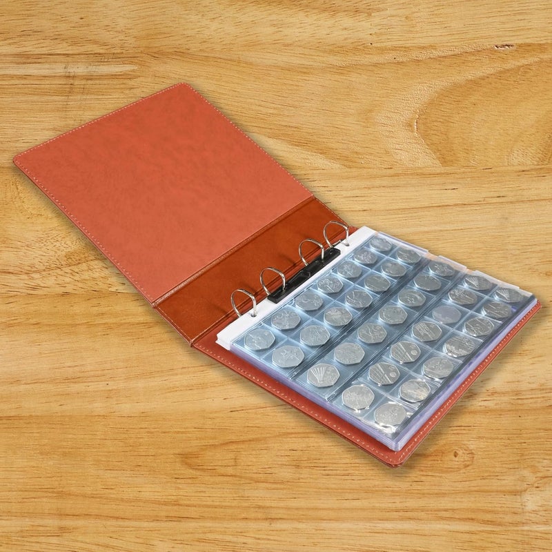 FIS Coin Album - Bonded Leather, 250x270mm, 4[D] Ring Binder with 35 Clear PVC Pockets, Brown - Image 3
