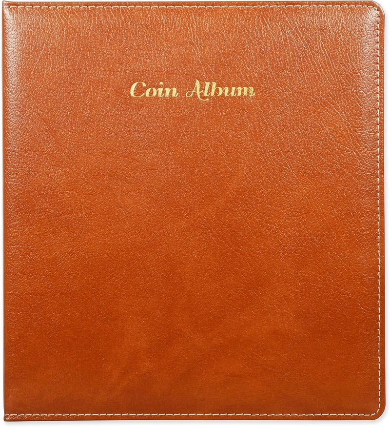 FIS Coin Album - Bonded Leather, 250x270mm, 4[D] Ring Binder with 35 Clear PVC Pockets, Brown - Image 2