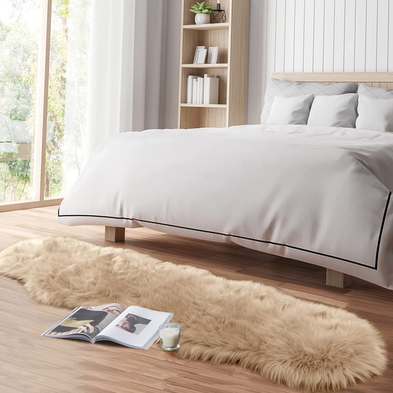 Tangsoo Faux Fur Rug for Bedroom, Fluffy Runner Rugs Soft Sheepskin Rug Sofa Couch Seat Cushion, 2x6ft Beige Plush Area Rug Shag Rugs Floor Carpets for Nursery Bedside, Cute Shaggy Fuzzy Home Decor - Image 3