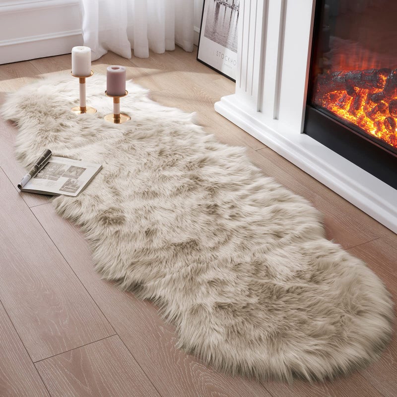 Tangsoo Faux Fur Rug for Bedroom, Fluffy Runner Rugs Soft Sheepskin Rug Sofa Couch Seat Cushion, 2x6ft Beige Plush Area Rug Shag Rugs Floor Carpets for Nursery Bedside, Cute Shaggy Fuzzy Home Decor - Image 1