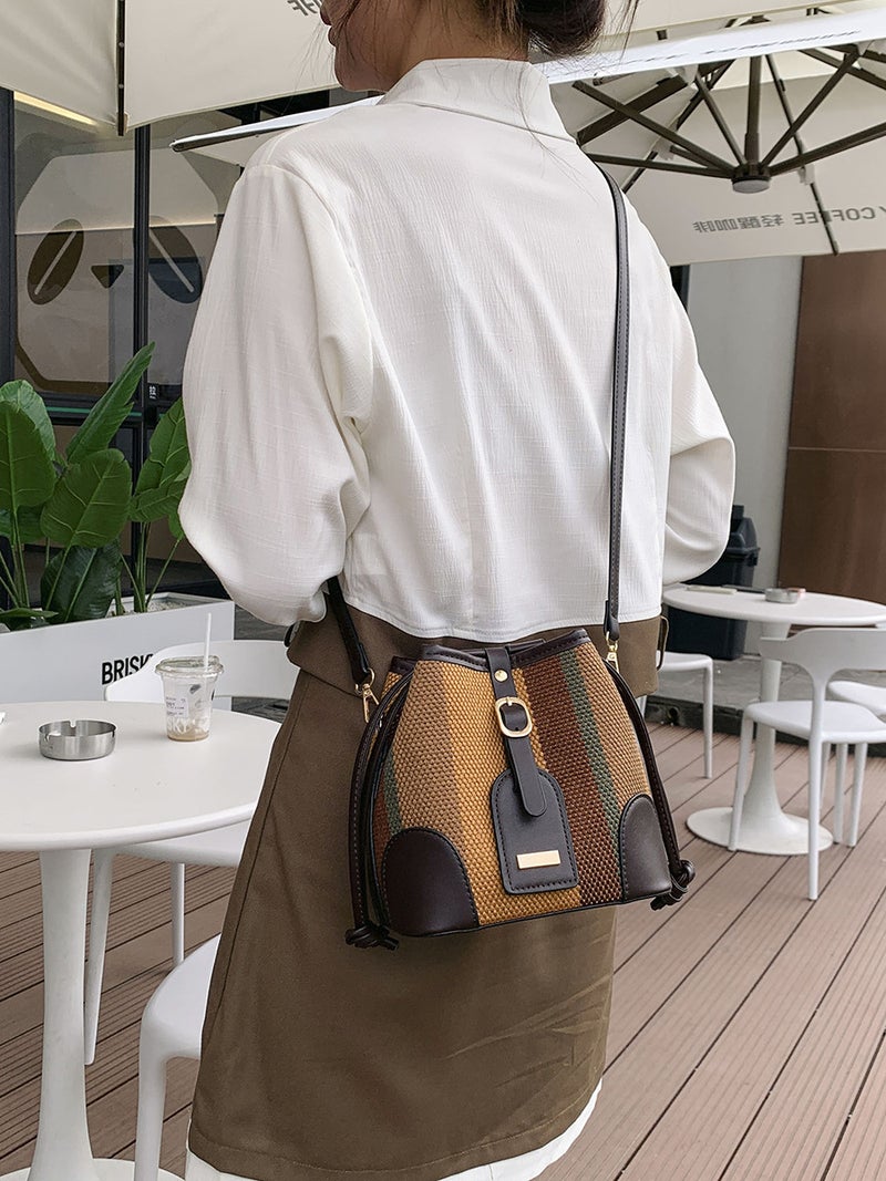 Striped Contrast Color Portable Bucket Bag For Women 2023 Autumn New Korean Style Fashionable Western Style Shoulder Messenger Bag - Image 3