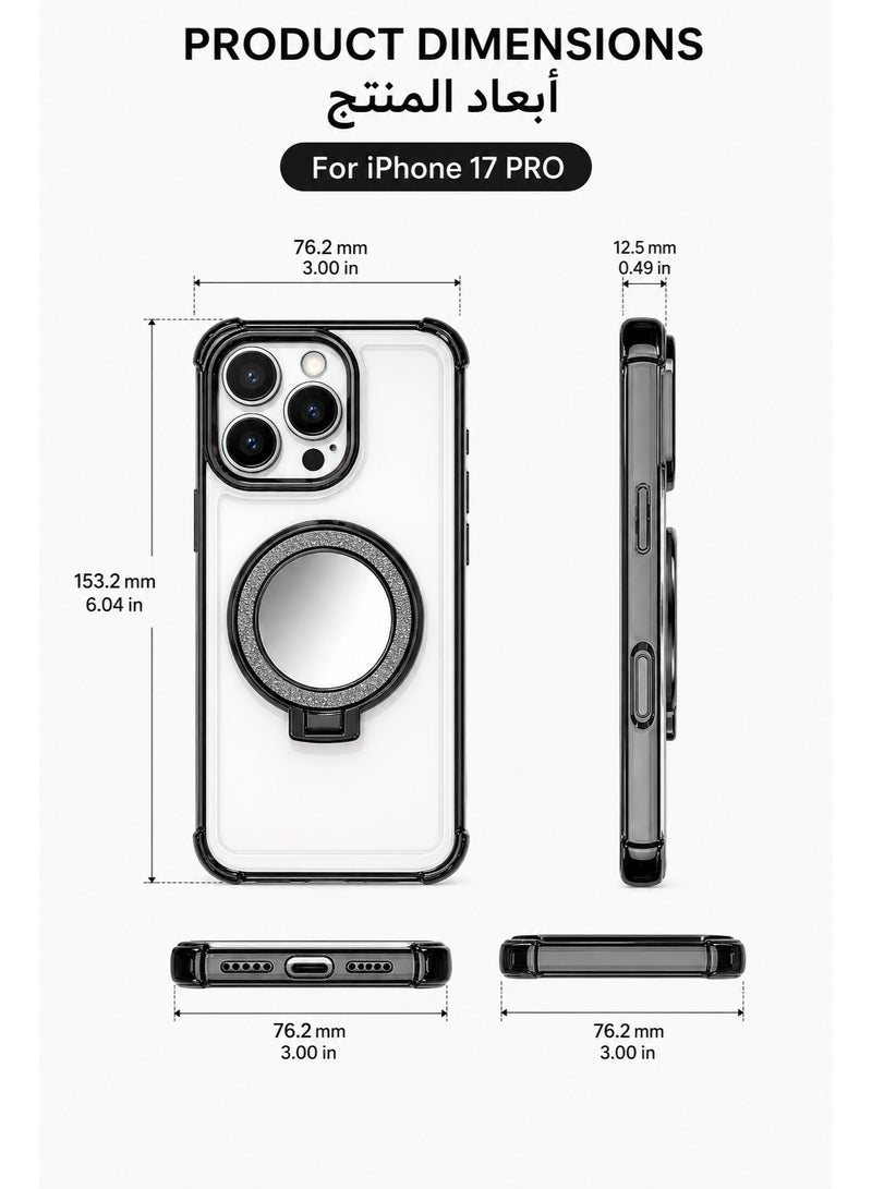 حافظة iPhone لهاتف iPhone 17 Pro من السيليكون، حافظة هاتف مقاومة للصدمات بدرجة عسكرية وحماية كاملة للعدسة، درجة حرارة عالية ضد الاصفرار من الأشعة فوق البنفسجية لشمس الشرق الأوسط، رفيعة للغاية غير لامعة خالية من بصمات الأصابع، حامل مغناطيسي مع مرآة، حافظات iPhone لمحترفي الأعمال، والمعجبين العصريين والمصورين - Image 5