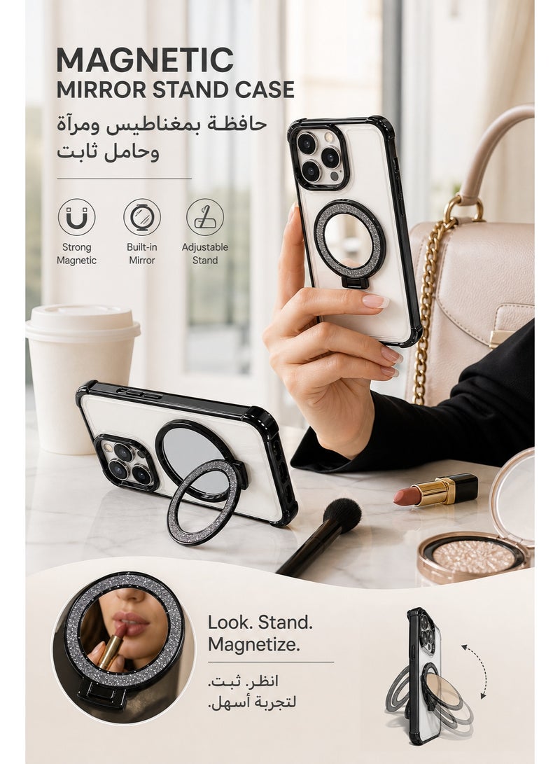 حافظة iPhone لهاتف iPhone 17 Pro من السيليكون، حافظة هاتف مقاومة للصدمات بدرجة عسكرية وحماية كاملة للعدسة، درجة حرارة عالية ضد الاصفرار من الأشعة فوق البنفسجية لشمس الشرق الأوسط، رفيعة للغاية غير لامعة خالية من بصمات الأصابع، حامل مغناطيسي مع مرآة، حافظات iPhone لمحترفي الأعمال، والمعجبين العصريين والمصورين - Image 1