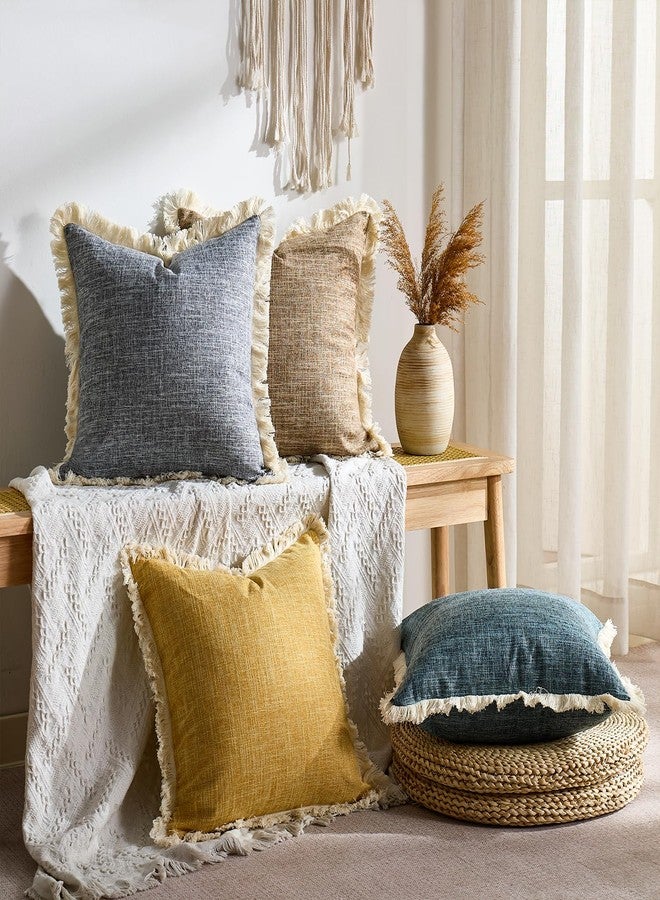 Daptsy Mustard Yellow Faux Linen Decorative Throw Pillow Covers 18x18 Inch Set of 2 Boho Farmhouse Pillowcases with Tassels Rustic Woven Textured Burlap Cushion Cases for Sofa Bed Living Room Home Decor - Image 5