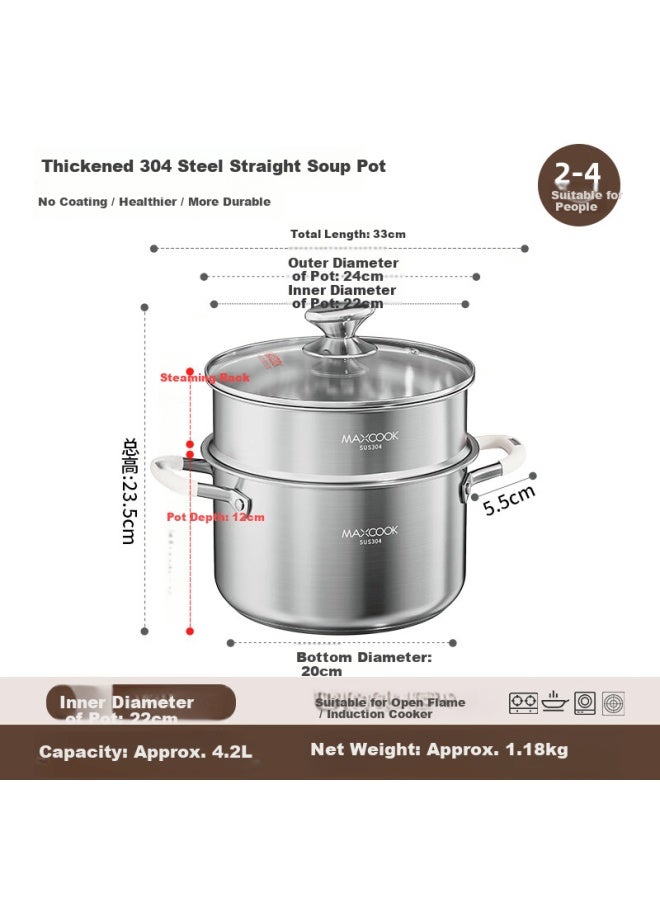 Maxcook 22cm 304 Stainless Steel Double-layer Soup Pot Steamer Mct1347