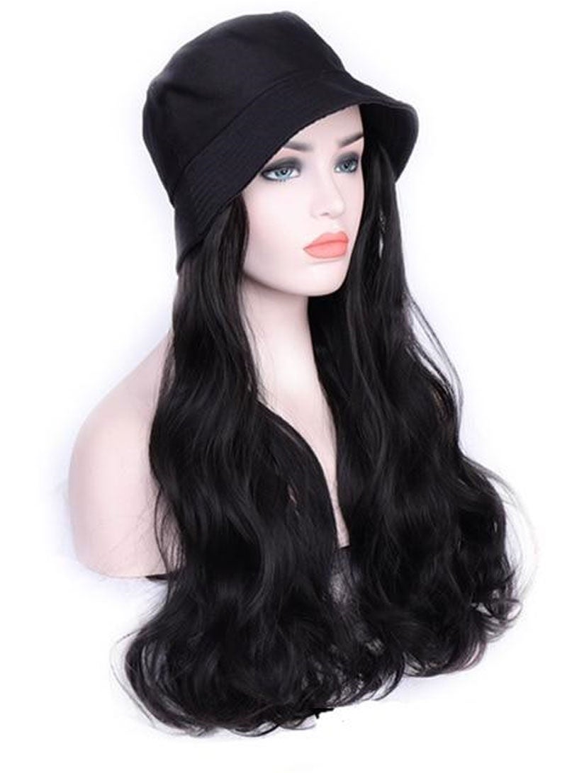 Sharpdo Black Bucket Hat High Temperature Silk Long Straight Hair Synthetic Wig  - Image 1