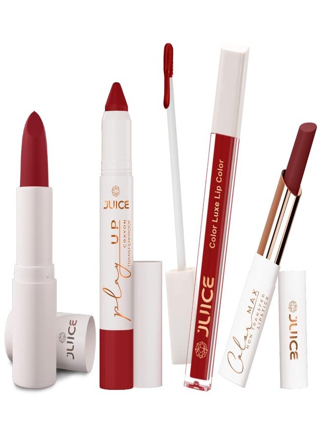 Juice Long Lasting, 4pc Lipstick Combo Set For Women(Think Pink-M09 Bullet Lipstick, Cherry On Top-MCR09 Play up Lip Crayon, Red Hotness-M09 Liquid Lipstick, Red Alert-M09 Slim Stick) - Image 1