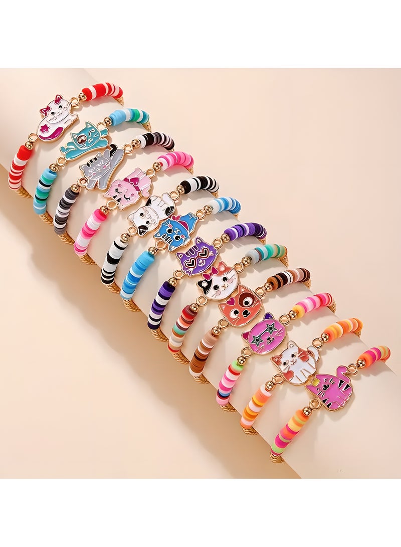LIXADA 12pcs Cute Cat Alloy Drip Oil Bracelets, Mixed Color, Polymer Clay, with CCB Elastic Cord, for Girls, Holiday, Birthday Gift (Random Color)  - Image 1