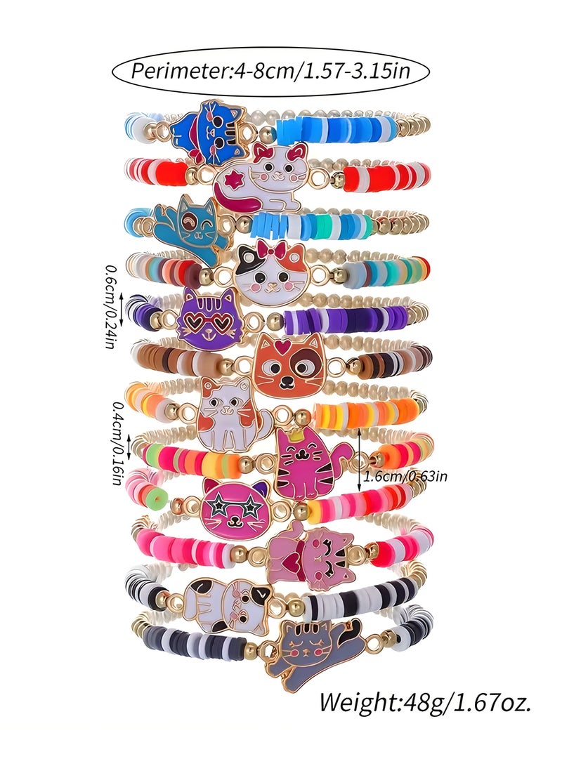 LIXADA 12pcs Cute Cat Alloy Drip Oil Bracelets, Mixed Color, Polymer Clay, with CCB Elastic Cord, for Girls, Holiday, Birthday Gift (Random Color)  - Image 2