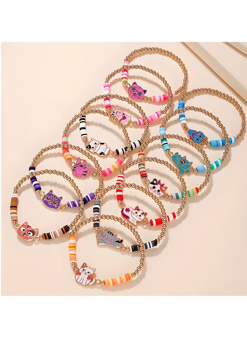 LIXADA 12pcs Cute Cat Alloy Drip Oil Bracelets, Mixed Color, Polymer Clay, with CCB Elastic Cord, for Girls, Holiday, Birthday Gift (Random Color)  - Image 3