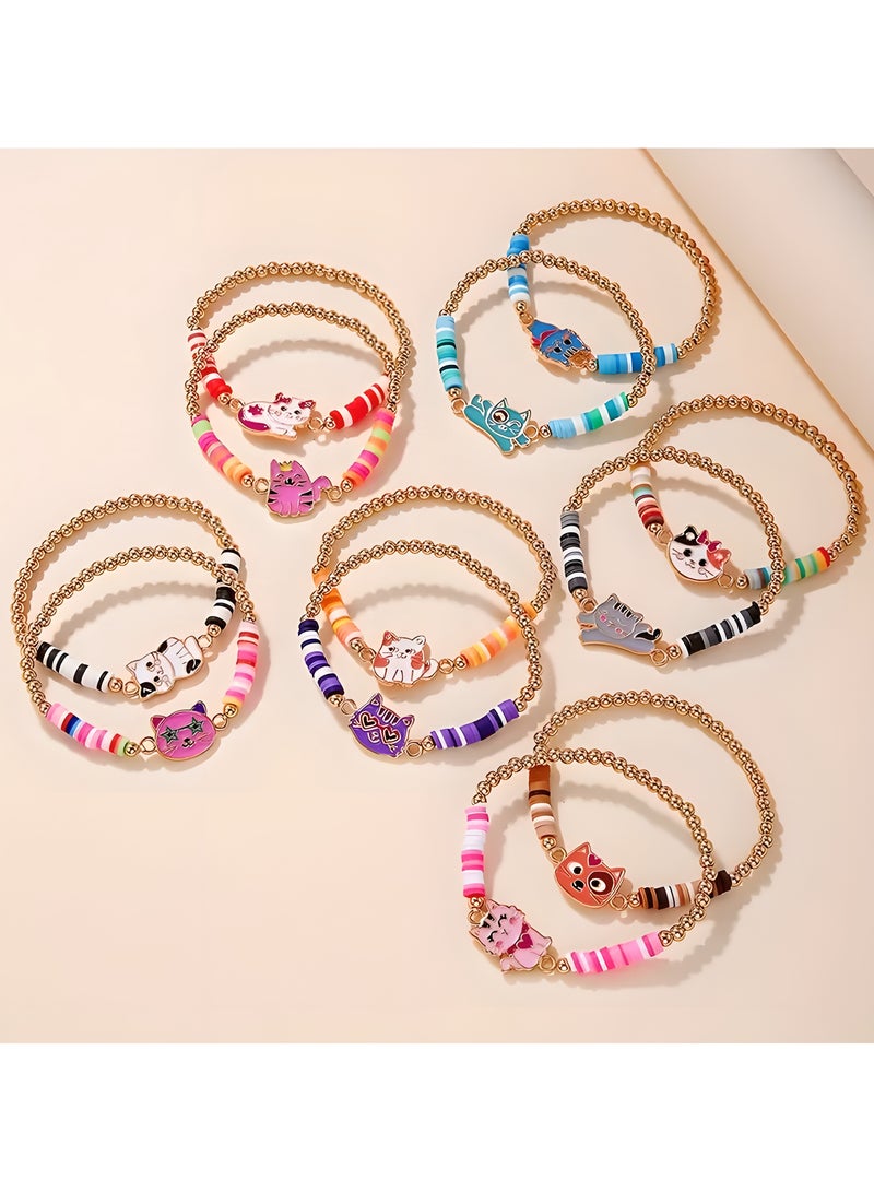 LIXADA 12pcs Cute Cat Alloy Drip Oil Bracelets, Mixed Color, Polymer Clay, with CCB Elastic Cord, for Girls, Holiday, Birthday Gift (Random Color)  - Image 4
