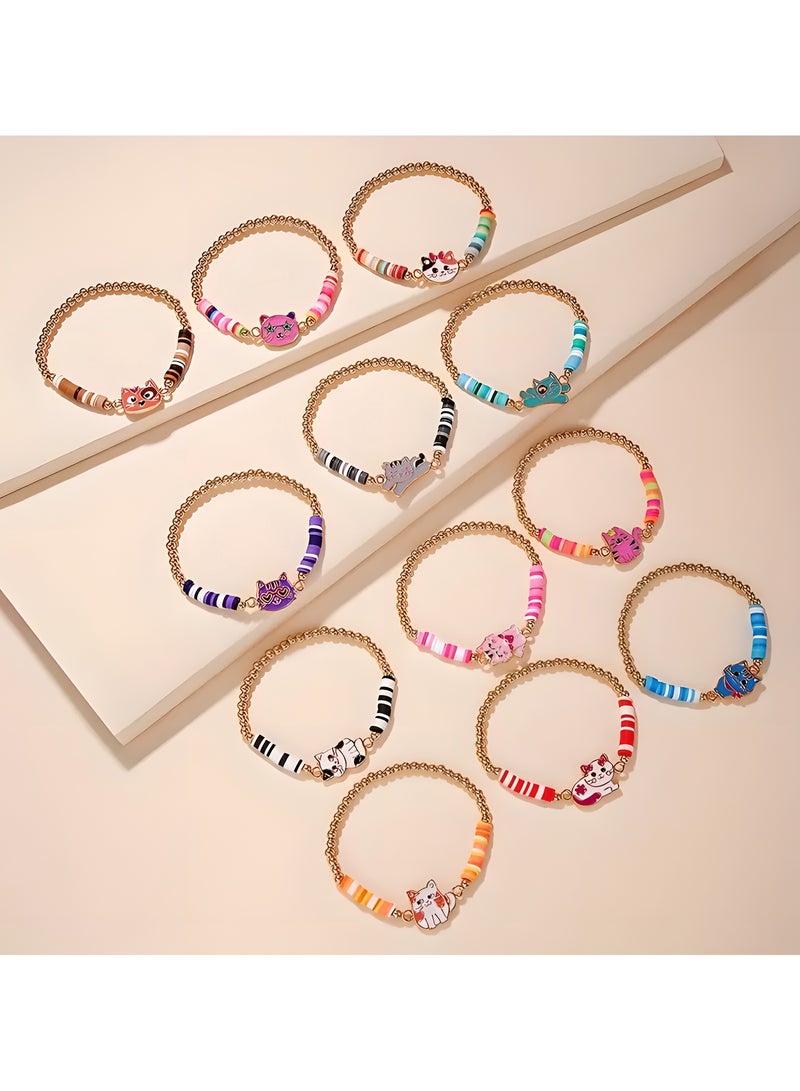 LIXADA 12pcs Cute Cat Alloy Drip Oil Bracelets, Mixed Color, Polymer Clay, with CCB Elastic Cord, for Girls, Holiday, Birthday Gift (Random Color)  - Image 5