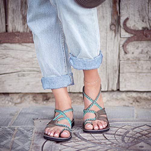 Plaka Palm Leaf Flat Summer Sandals for Women | Perfect for The Beach Walking & Dressy Occasions | Turquoise Gray | Size 10 - Image 4